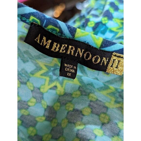 Ambernoon II size 1X Women's Green Printed Long-Sleeve Faux Wrap Midi Dress - Picture 4 of 6